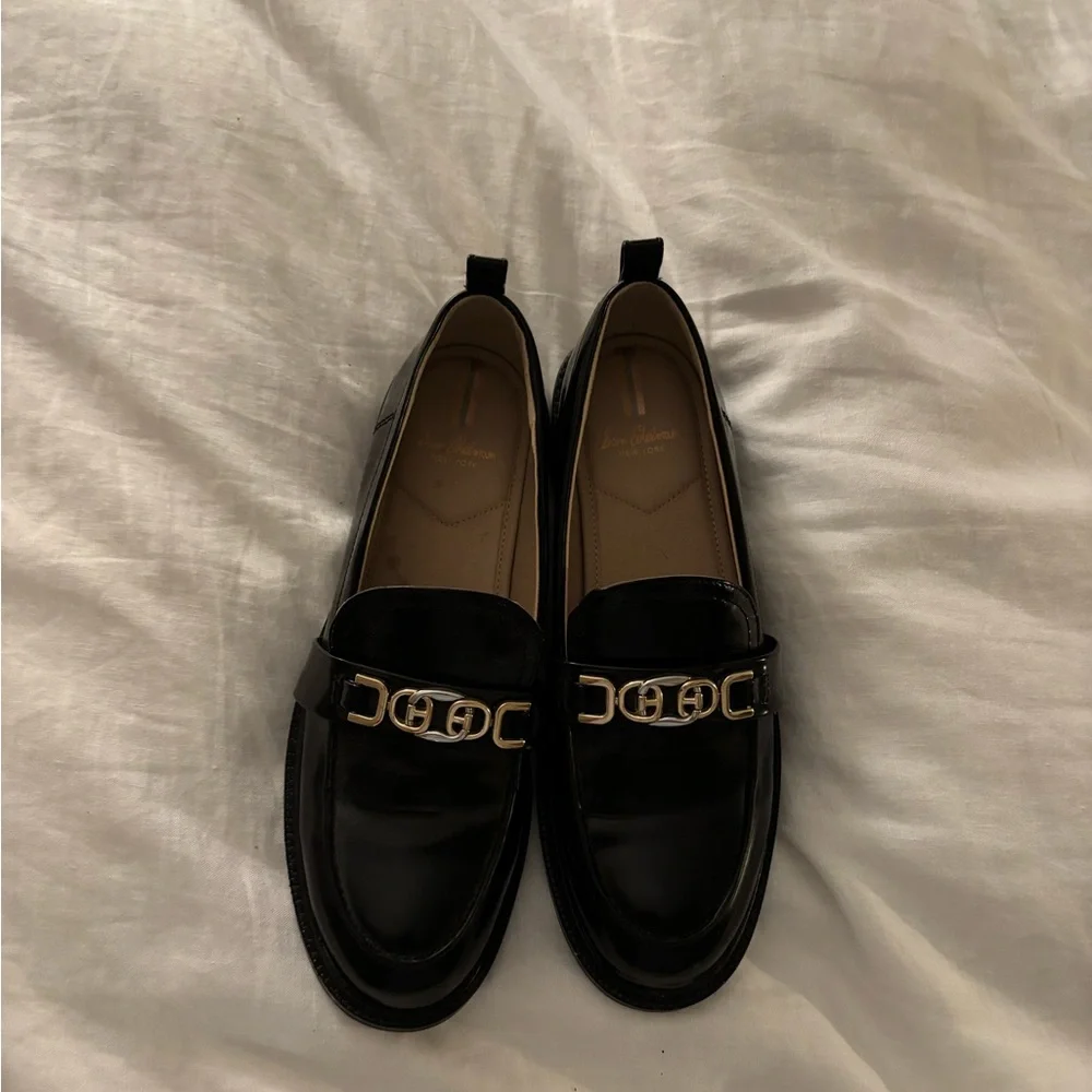 Sam Edelman Christy Loafers- Black Patent Leather with Gold Detail - Picture 2 of 6